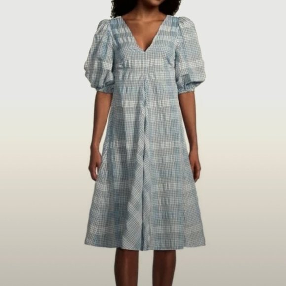 Ganni Dresses & Skirts - GANNI Blue Check Seersucker Puff-Sleeve Midi Dress 10 42 $285